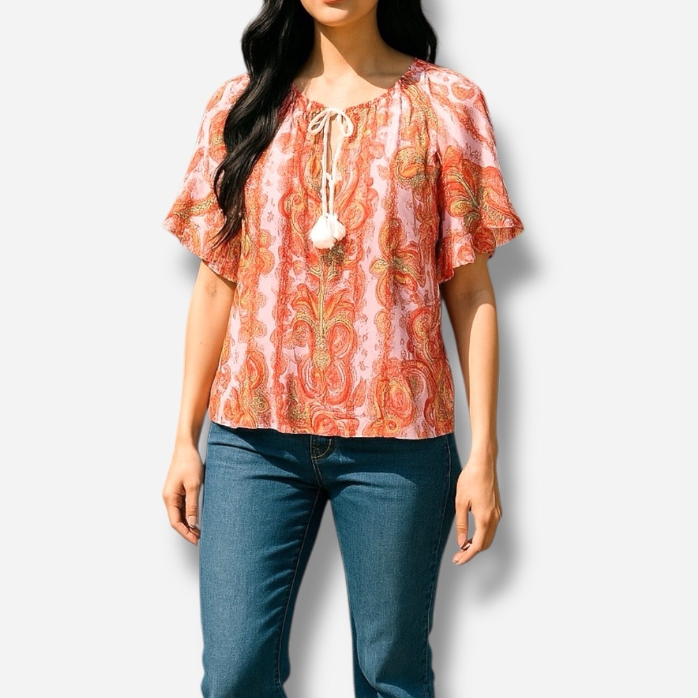 🌸New🌸 Cooper & Ella Ruffle Sleeve Peasant Top Paisley Sz Small NWT